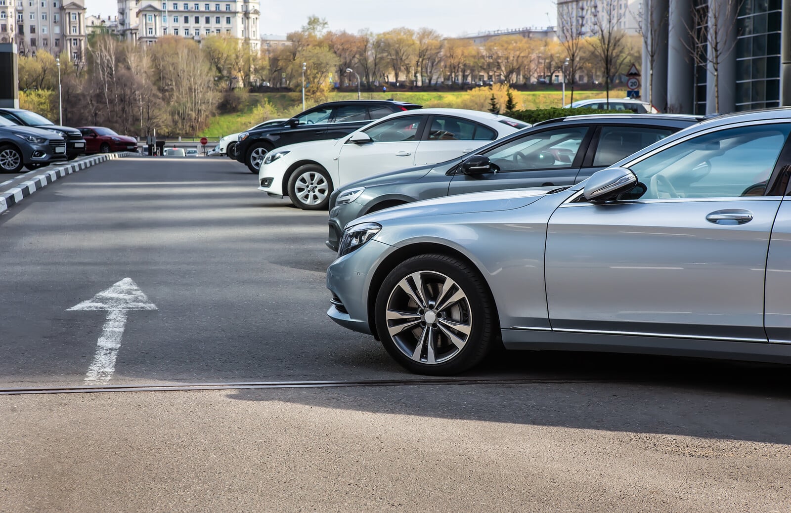 Cars in an office building parking lot